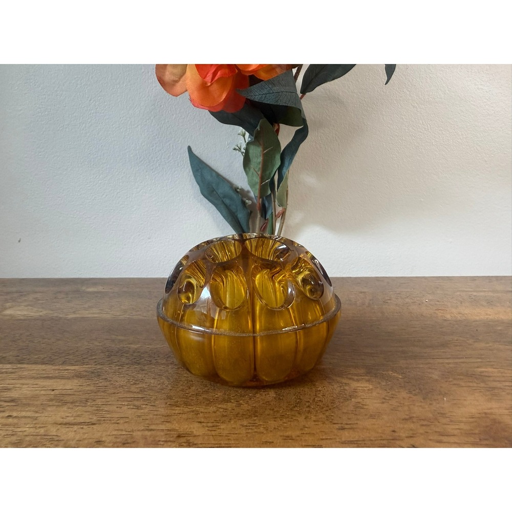 Vintage Amber Glass Flower Frog Floral Arranger Mid Century Flower Holder